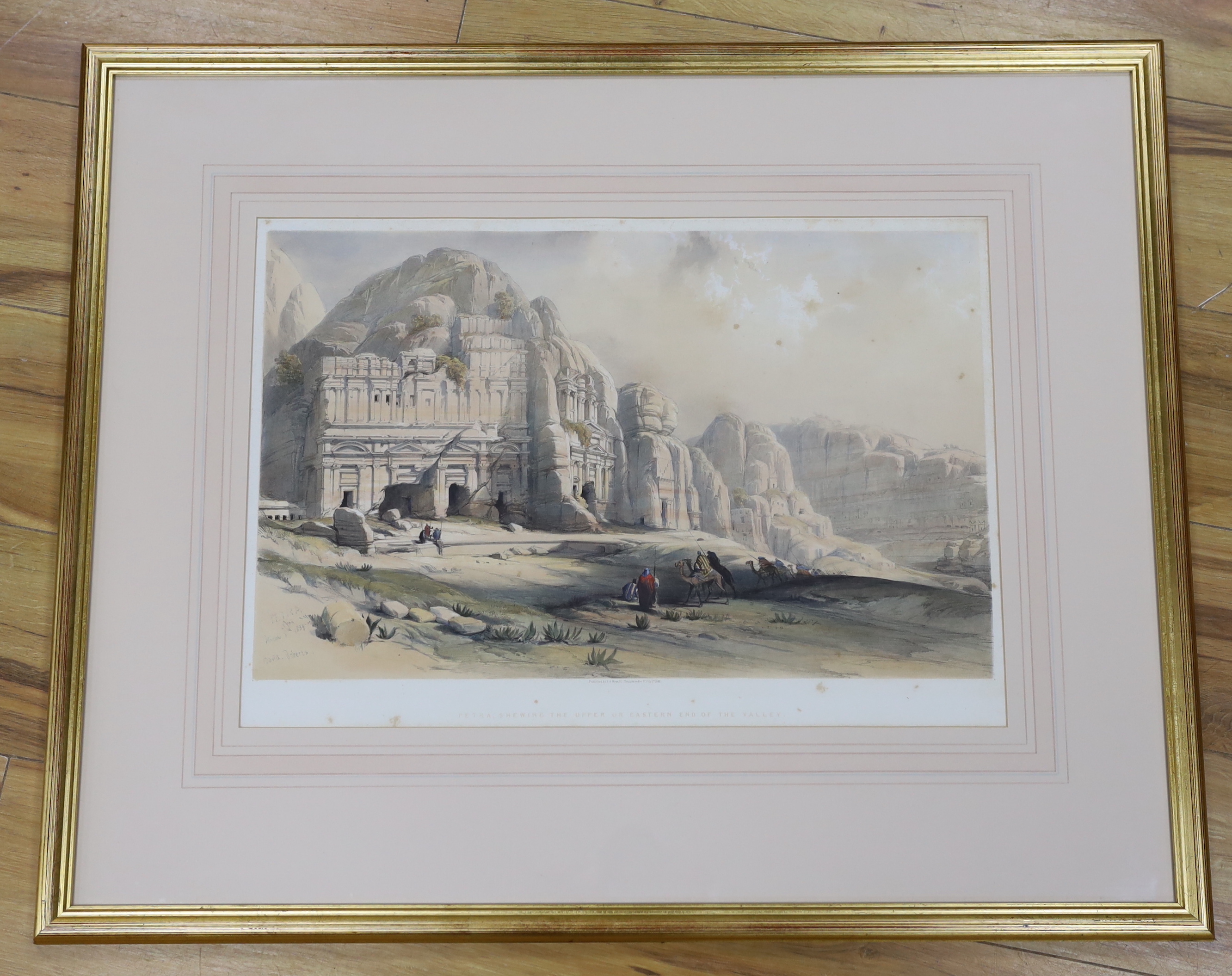 David Roberts (Scottish, 1796-1864), colour lithograph, 'Petra, Eastern End of the Valley’ publ. F.G. Moon, July 1st 1842, 36 x 53cm